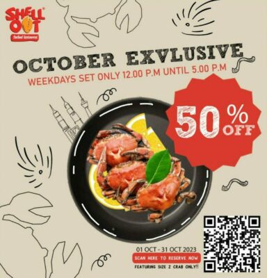 Promotion about Crab with a discount 50% off. Available only for dine in. Between 12.00pm and 5.00pm.